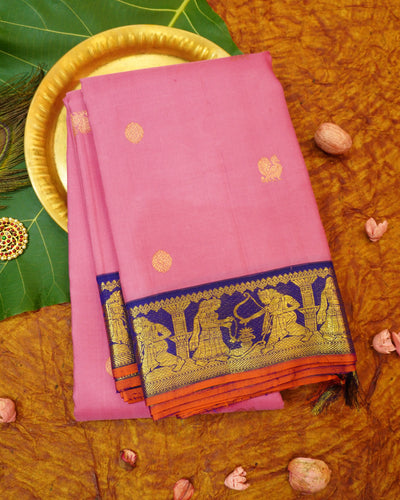 Baby Pink Kanchipuram Silk Saree With Blue Korvai Border