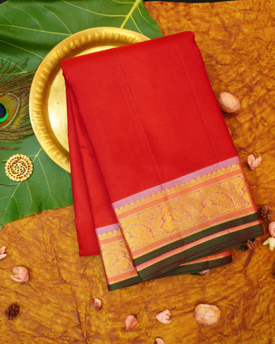 Tomato Red Kanchipuram Silk Saree with Peach Border