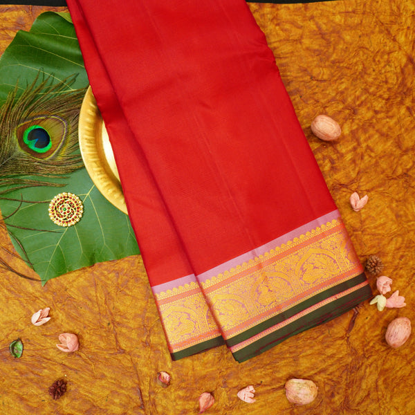  Premeium Traditional kanchipuram silk saree in Tomato red with peach contrast border