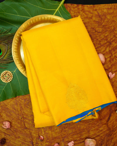 Borderless Bright Yellow Partly Pallu Kanchipuram Silk Saree