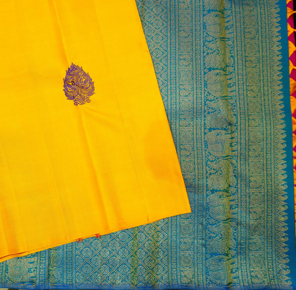 Partly Pallu Kanchipuram silk saree in Bright yellow borderless fancy saree