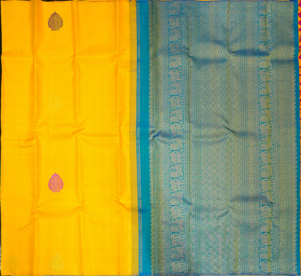 Partly Pallu Kanchipuram silk saree in Bright yellow borderless fancy saree