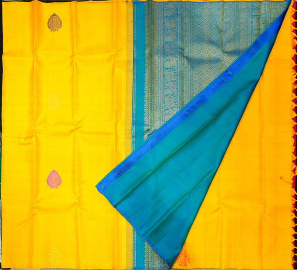 Partly Pallu Kanchipuram silk saree in Bright yellow borderless fancy saree