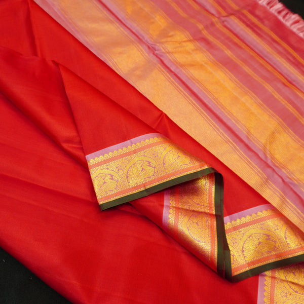  Premeium Traditional kanchipuram silk saree in Tomato red with contrast border
