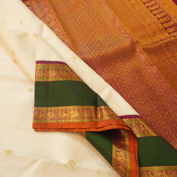 Half White Kanchipuram Silk Saree with Multicolor Korvai Border & Gold Zari Butta