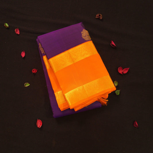 Violet Kanchipuram Silk Saree with Orange Retta Pettu Border - Vivaaha Silks & Sarees