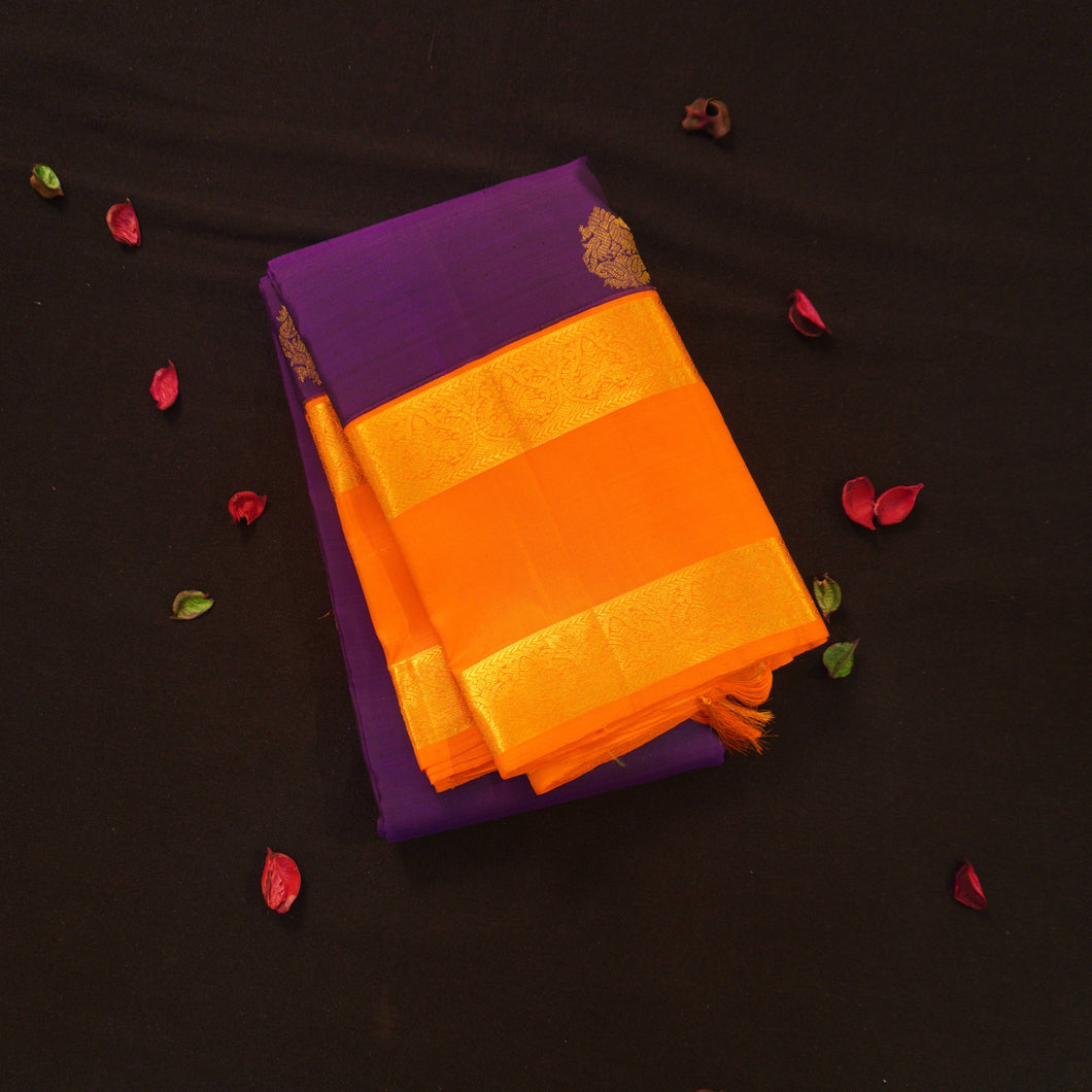 Violet Kanchipuram Silk Saree with Orange Retta Pettu Border