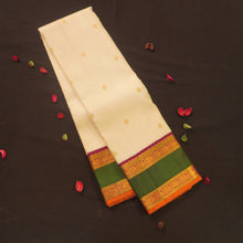 Load image into Gallery viewer, Half White Kanchipuram Silk Saree with Multicolor Korvai Border &amp; Gold Zari Butta
