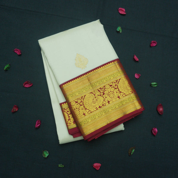 Half White Kanchipuram Silk Saree with Maroon Korvai Border & Gold Zari