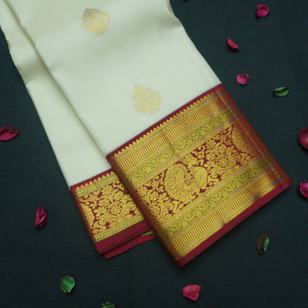 Half White Kanchipuram Silk Saree with Maroon Korvai Border & Gold Zari