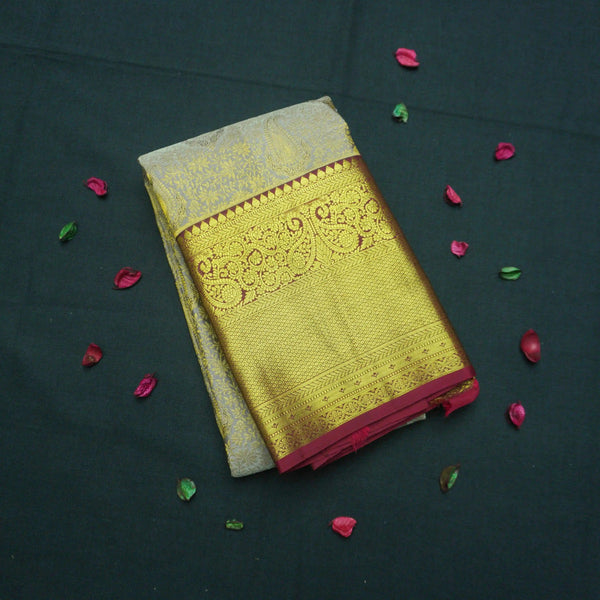 Gray Kanchipuram Silk Saree with Zari Brocade Paisley & Maroon Pallu - Vivaaha Silks & Sarees
