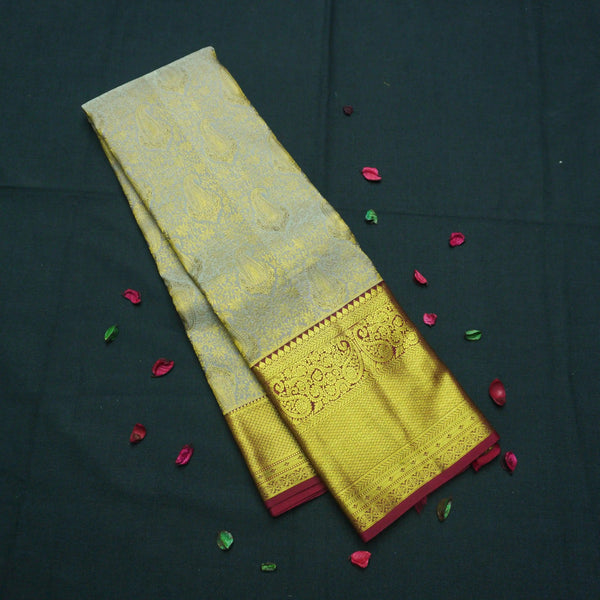 Gray Kanchipuram Silk Saree with Zari Brocade Paisley & Maroon Pallu - Vivaaha Silks & Sarees