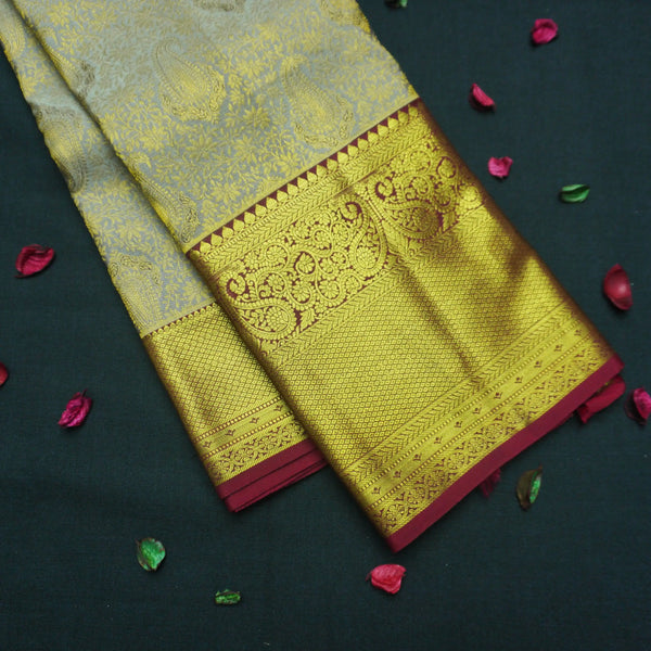 Gray Kanchipuram Silk Saree with Zari Brocade Paisley & Maroon Pallu