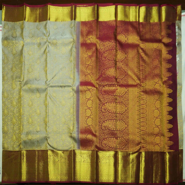 Gray Kanchipuram Silk Saree with Zari Brocade Paisley & Maroon Pallu - Vivaaha Silks & Sarees