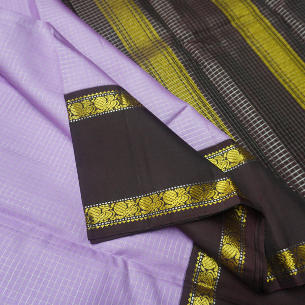 Elegant Lavender Kanchipuram Silk Saree with Dark Brown Retta Pettu Border & Zari Checks