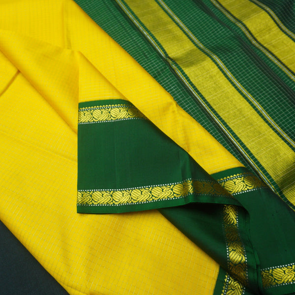 Yellow Kanchipuram Silk Saree with Dark Green Retta Pettu Border & Zari Checks