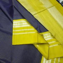 Load image into Gallery viewer, Dark Blue Kanchipuram Silk Saree with Gold Yellow Retta Pettu Border &amp; Zari Checks
