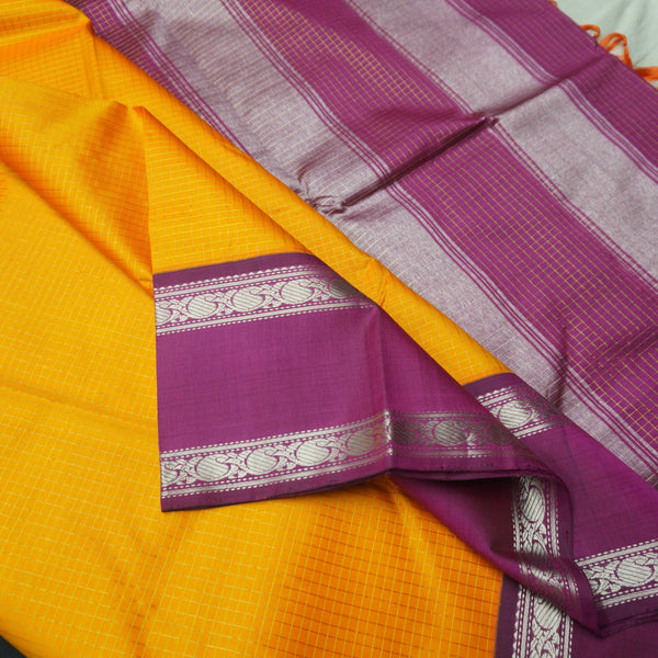 Orange Kanchipuram Silk Saree with Maroon Retta Pettu Border & Zari Checks