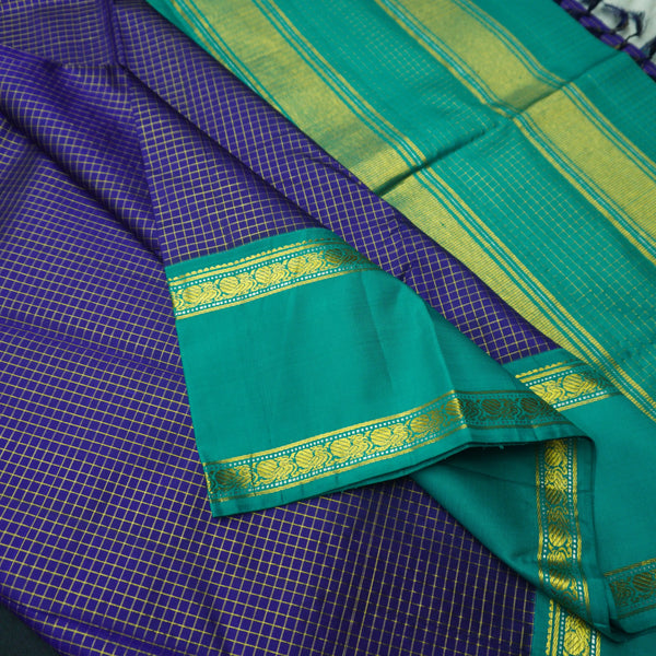 Violet Kanchipuram Silk Saree with Peacock Green Retta Pettu Border & Zari Checks