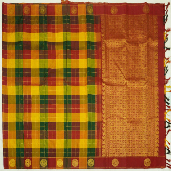 Palum Pazhamum Kanchipuram Silk Saree with Gold Zari Checks and Peacock Motifs - Vivaaha Silks & Sarees