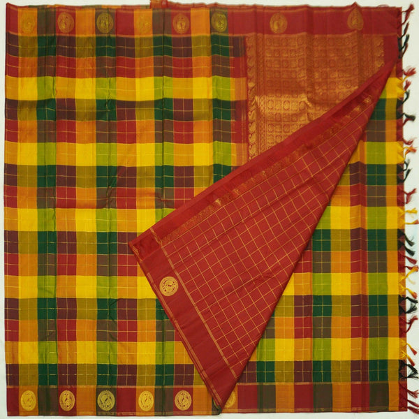 Palum Pazhamum Kanchipuram Silk Saree with Gold Zari Checks and Peacock Motifs - Vivaaha Silks & Sarees
