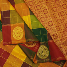 Load image into Gallery viewer, Palum Pazhamum Kanchipuram Silk Saree with Gold Zari Checks and Peacock Motifs
