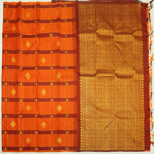 Load image into Gallery viewer, Orange with Maroon Borderless Kanchipuram Silk Saree with Gold Zari Motifs
