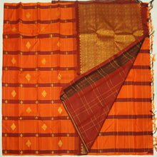 Load image into Gallery viewer, Orange with Maroon Borderless Kanchipuram Silk Saree with Gold Zari Motifs
