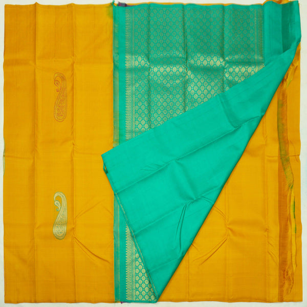 Mustard Yellow Borderless Kanchipuram Silk Saree with Gold Zari Paisley Motifs