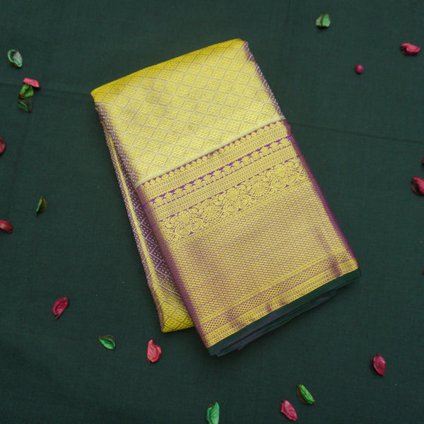 Golden Tissue Kanchipuram Silk Saree with Diamond Brocade and Maroon Border
