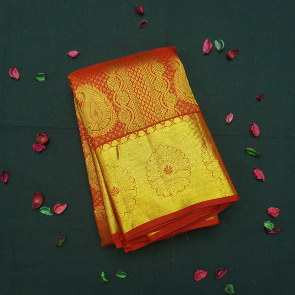 Chili Red Kanchipuram Silk Saree with Zari Brocade & Meena Work
