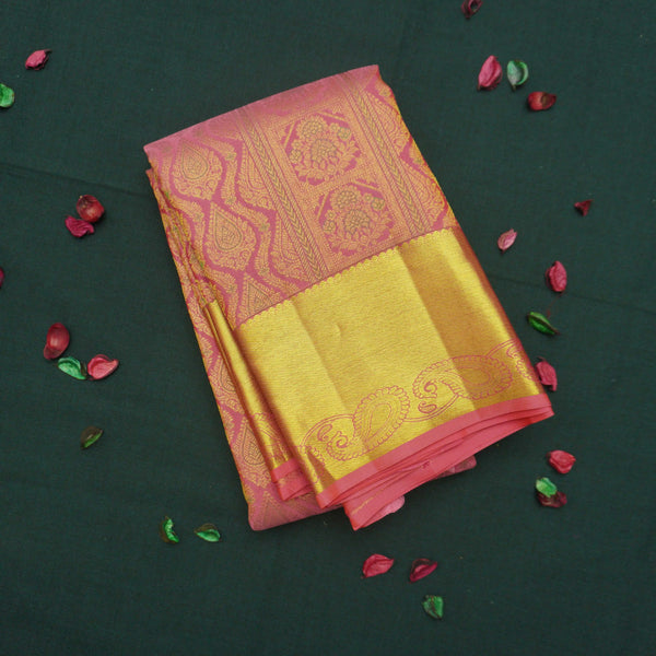 Traditional Peach Pink Kanchipuram Silk Saree with Zari Brocade Meena Work
