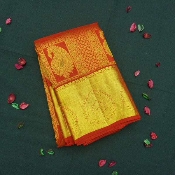 Traditional Chili Red Kanchipuram Silk Saree with Zari Brocade Design
