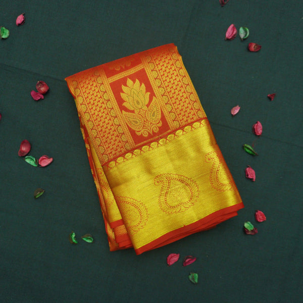 Traditional Chili Red Kanchipuram Silk Saree with Zari Brocade and Meena Work - Vivaaha Silks & Sarees