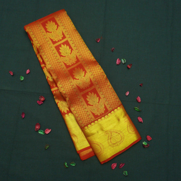 Traditional Chili Red Kanchipuram Silk Saree with Zari Brocade and Meena Work - Vivaaha Silks & Sarees