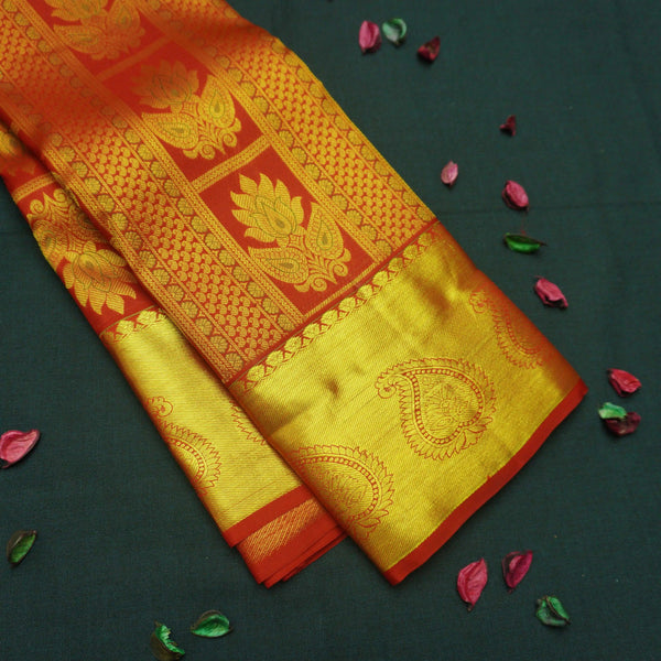 Traditional Chili Red Kanchipuram Silk Saree with Zari Brocade and Meena Work - Vivaaha Silks & Sarees