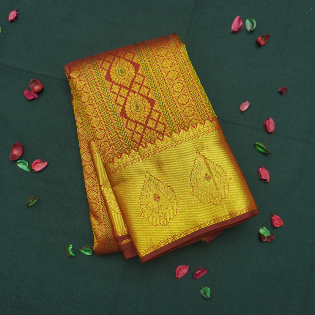 Araku Red Kanchipuram Silk Saree with Zari Brocade & Meena Work - Vivaaha Silks & Sarees