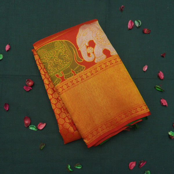 Chili Red Kanchipuram Silk Saree with Bavanji Border and Zari Brocade - Vivaaha Silks & Sarees