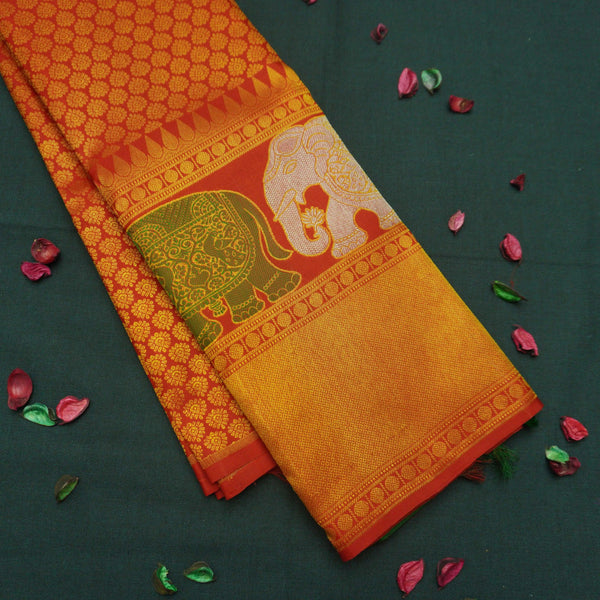 Chili Red Kanchipuram Silk Saree with Bavanji Border and Zari Brocade - Vivaaha Silks & Sarees