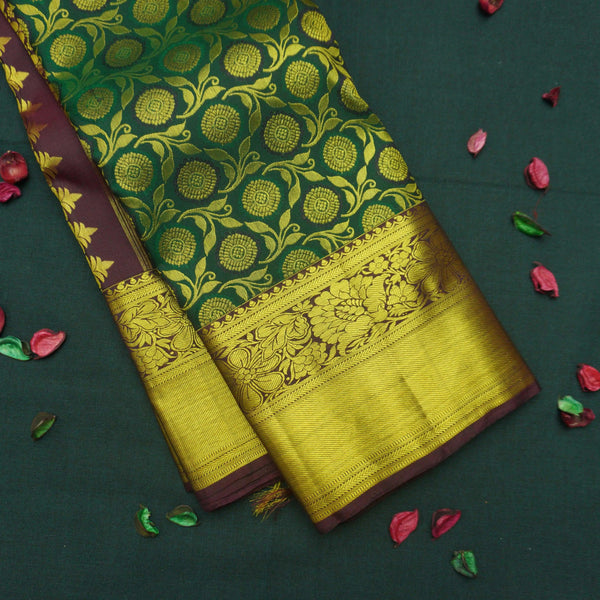 Traditional Dark Green Kanchipuram Silk Saree with Zari Brocade - Vivaaha Silks & Sarees