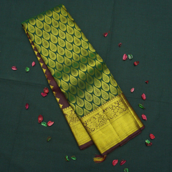Traditional Dark Green Kanchipuram Silk Saree with Zari Thilagam Design - Vivaaha Silks & Sarees