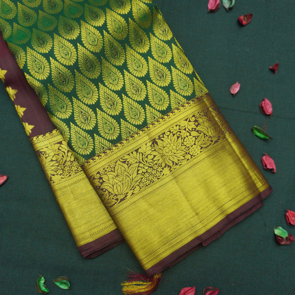 Traditional Dark Green Kanchipuram Silk Saree with Zari Thilagam Design - Vivaaha Silks & Sarees