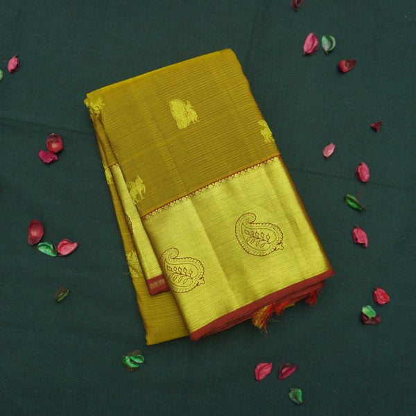 Fenugreek Color Vaira Oosi Kanchipuram Silk Saree with Traditional Motifs
