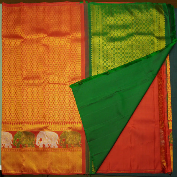 Chili Red Kanchipuram Silk Saree with Bavanji Border and Zari Brocade
