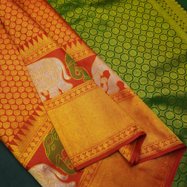 Chili Red Kanchipuram Silk Saree with Bavanji Border and Zari Brocade - Vivaaha Silks & Sarees