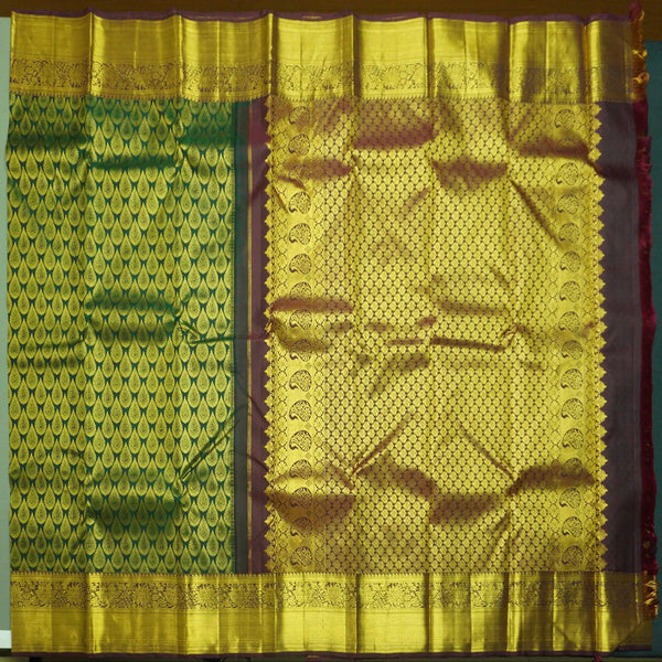 Traditional Dark Green Kanchipuram Silk Saree with Zari Thilagam Design - Vivaaha Silks & Sarees