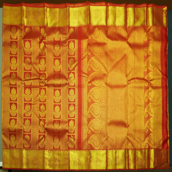 Traditional Chili Red Kanchipuram Silk Saree with Zari Brocade and Meena Work - Vivaaha Silks & Sarees
