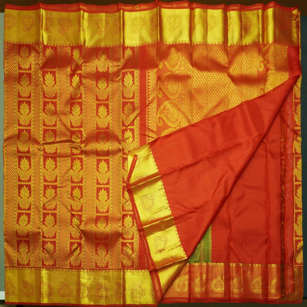 Traditional Chili Red Kanchipuram Silk Saree with Zari Brocade and Meena Work - Vivaaha Silks & Sarees