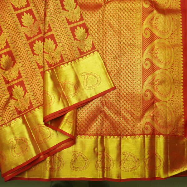 Traditional Chili Red Kanchipuram Silk Saree with Zari Brocade and Meena Work - Vivaaha Silks & Sarees