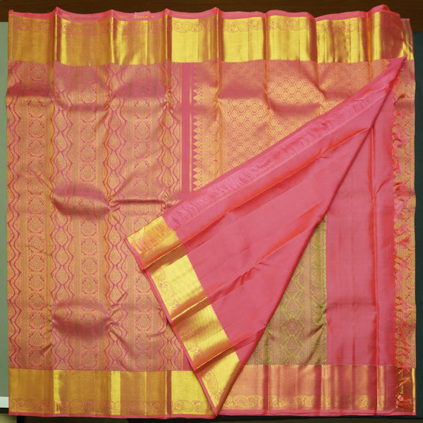 Traditional Peach Pink Kanchipuram Silk Saree with Zari Brocade Meena Work
